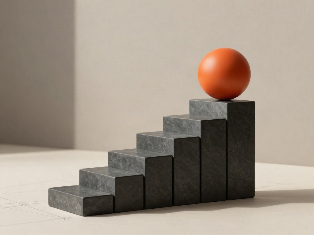 Sculptural graphite steps ascending toward an orange sphere, representing a clear path to business progress